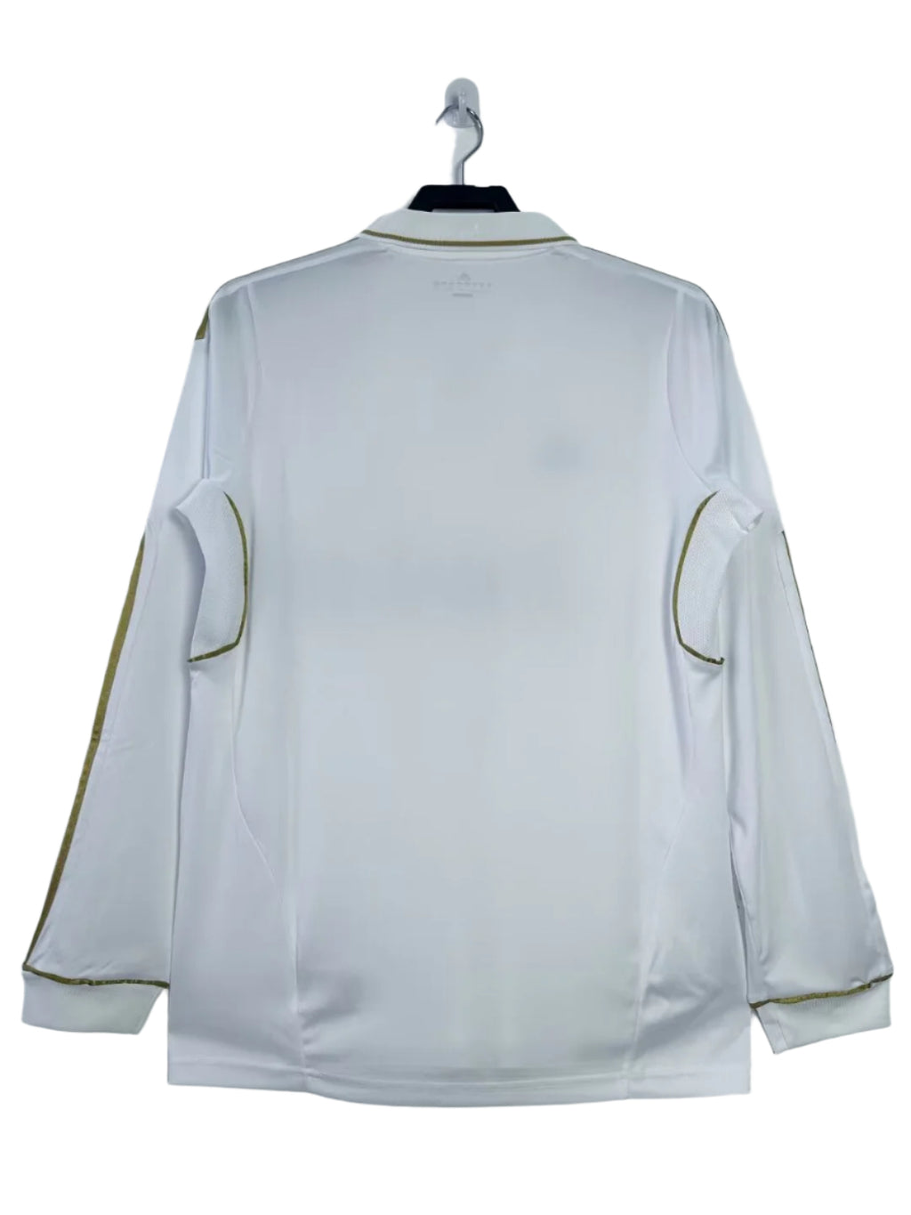 White long-sleeve shirt with green accents on a hanger against a white background