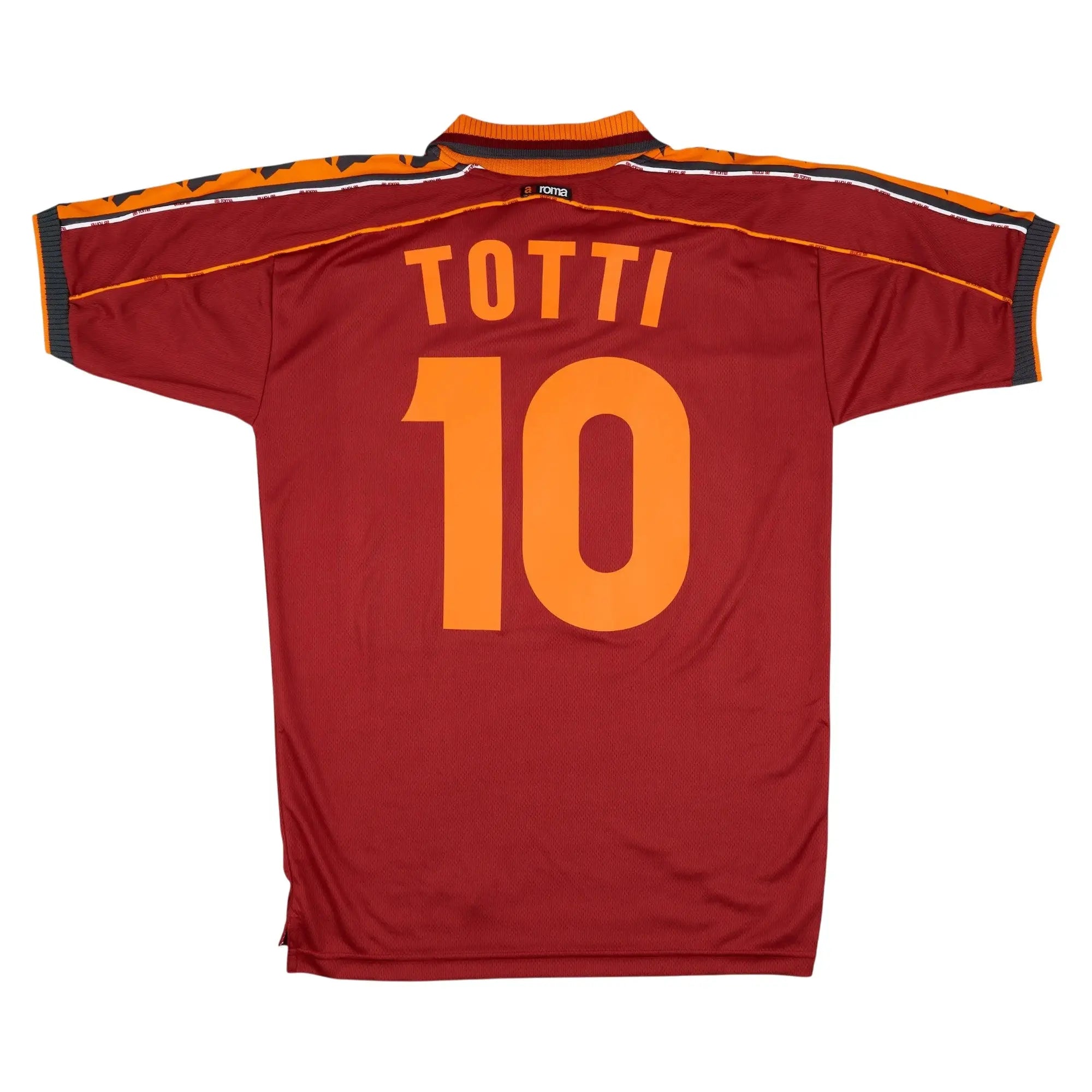 A red AS Roma soccer jersey shown from the back, featuring the player name 'TOTTI' and number '10' in orange. The jersey has orange and black striped shoulder details.