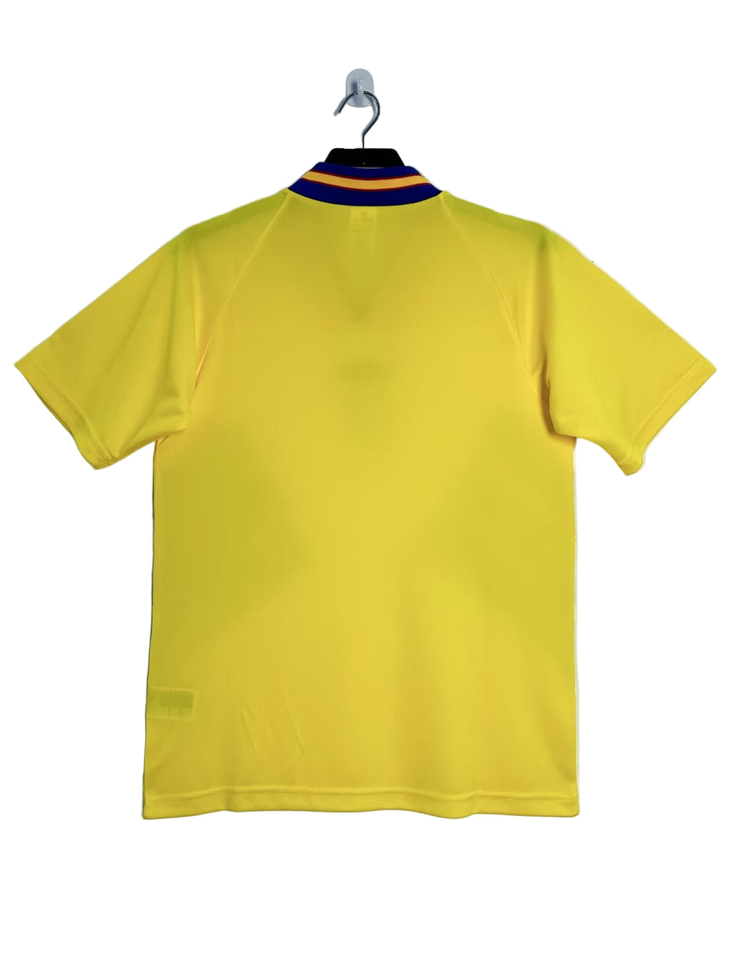 Yellow Sweden soccer shirt on a hanger against a white background