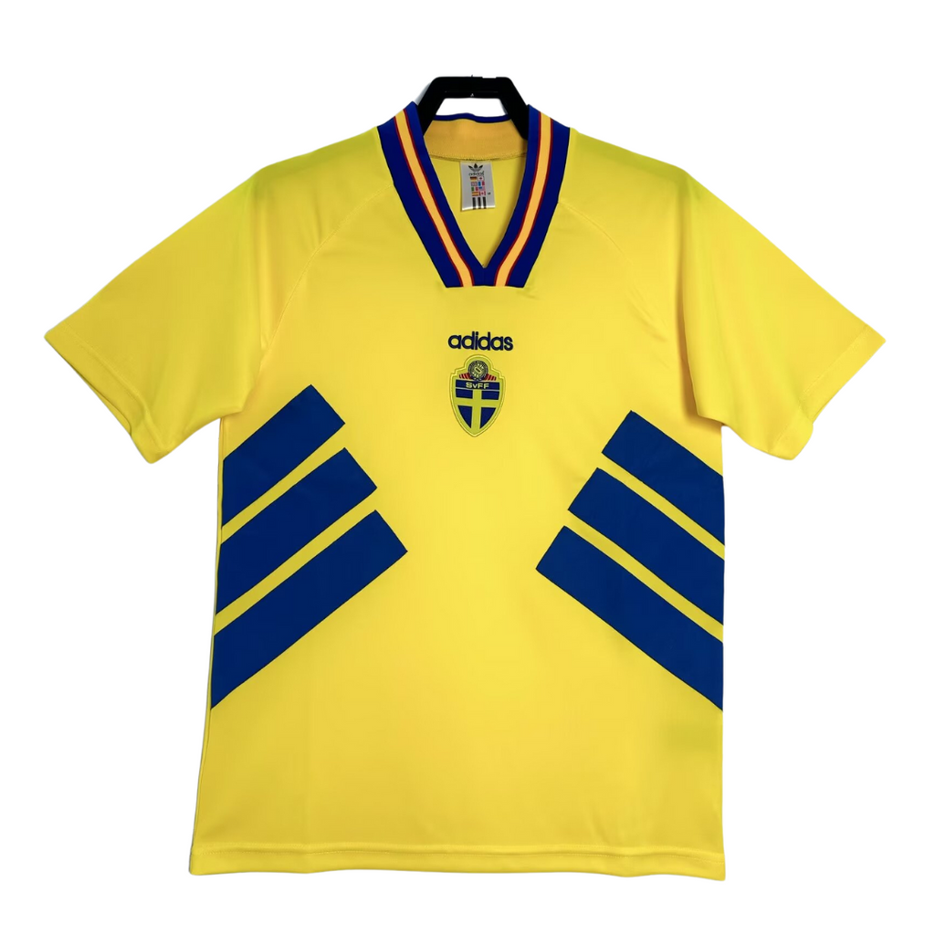 Yellow Sweden adidas soccer jersey with blue stripes from the 1994 season.