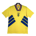 Yellow Sweden adidas soccer jersey with blue stripes from the 1994 season.
