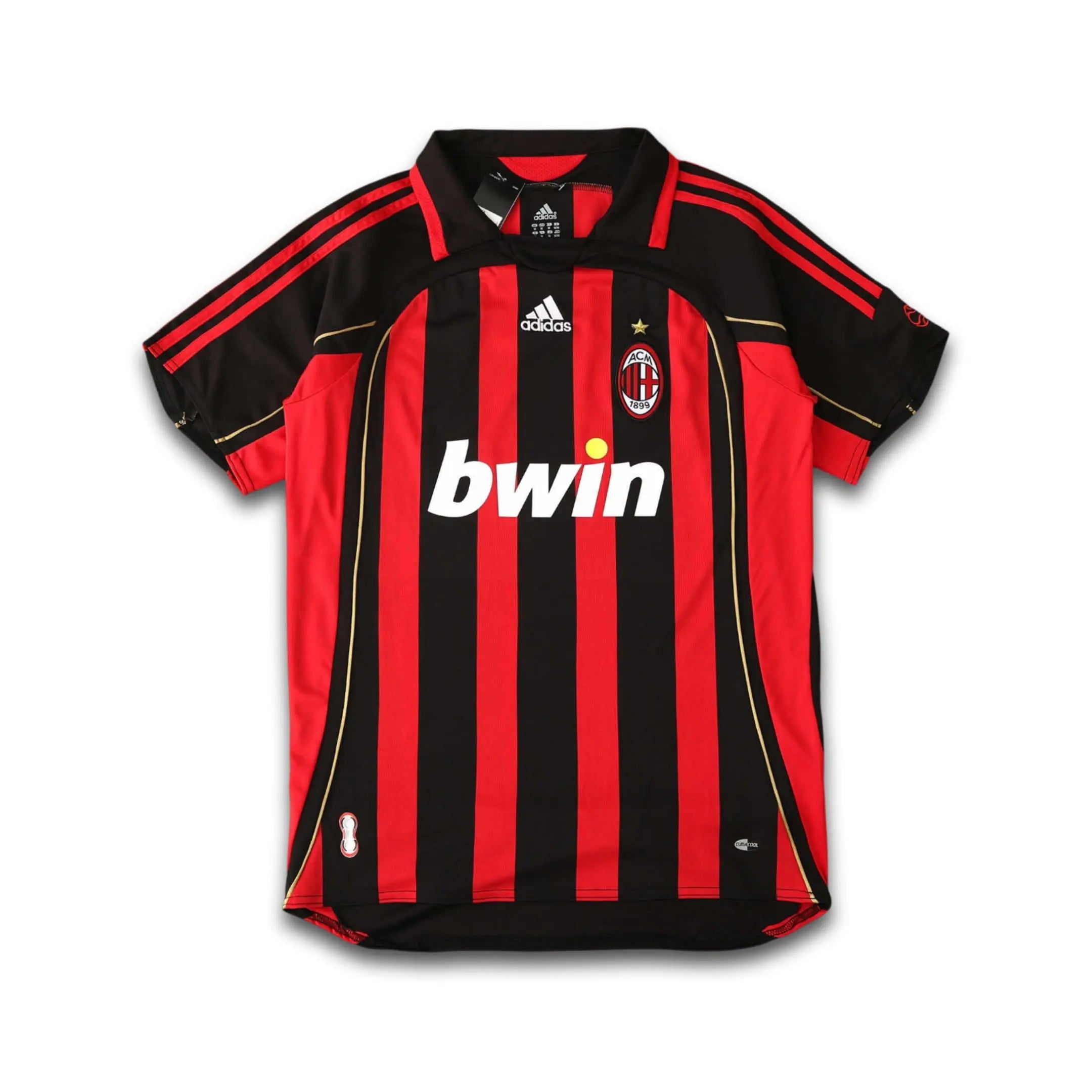 AC Milan BWIN home shirt sitting on a white background in an elegant setting.