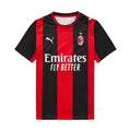 AC Milan home soccer jersey by Puma, featuring red and black vertical stripes with the club's crest and Emirates Fly Better sponsor logo on the front.