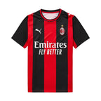 AC Milan home soccer jersey by Puma, featuring red and black vertical stripes with the club's crest and Emirates Fly Better sponsor logo on the front.