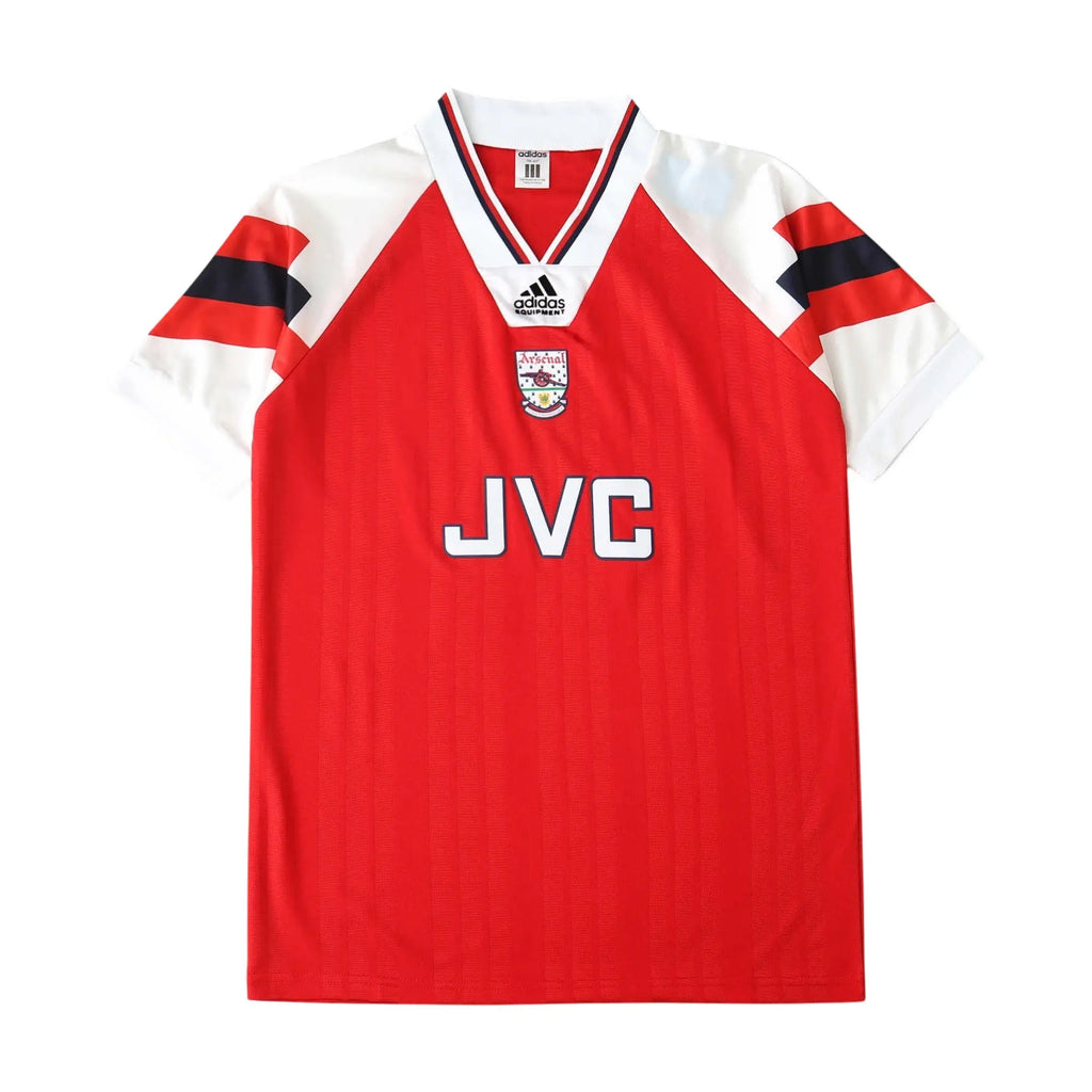 A red and white Adidas Arsenal soccer jersey with JVC sponsor branding on the front, displayed flat against a white background.
