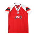 A red and white Adidas Arsenal soccer jersey with JVC sponsor branding on the front, displayed flat against a white background.