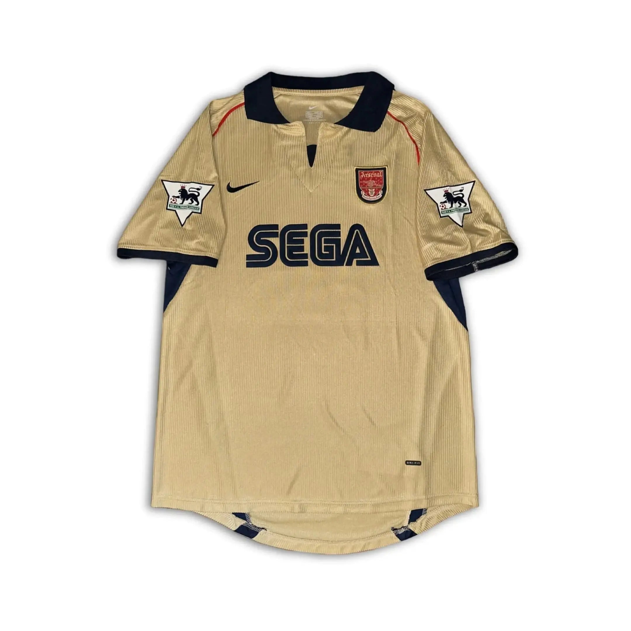 Arsenal 2001 02 SEGA gold away shirt sitting on a white background.