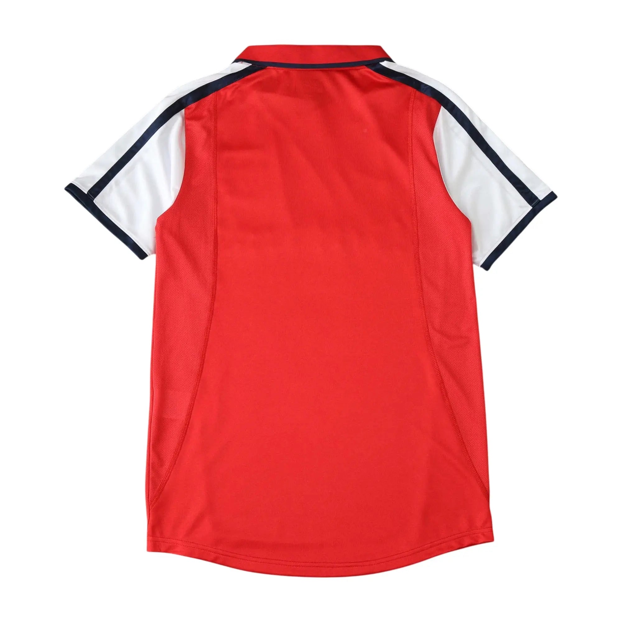 A red short-sleeve athletic jersey shown from the back, featuring white shoulder panels with dark navy piping.