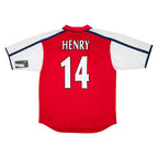 The back of a red short-sleeve sports jersey with white sleeves, navy blue trim, the name 'HENRY' and number '14' printed in white on the back.