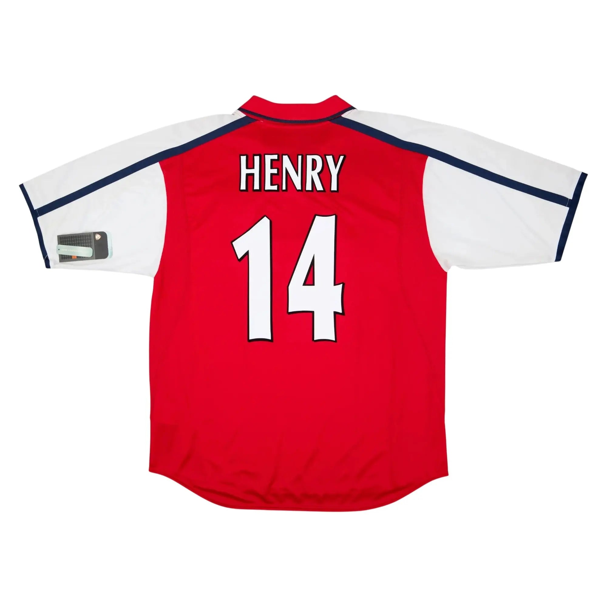 The back of a red short-sleeve sports jersey with white sleeves, navy blue trim, the name 'HENRY' and number '14' printed in white on the back.