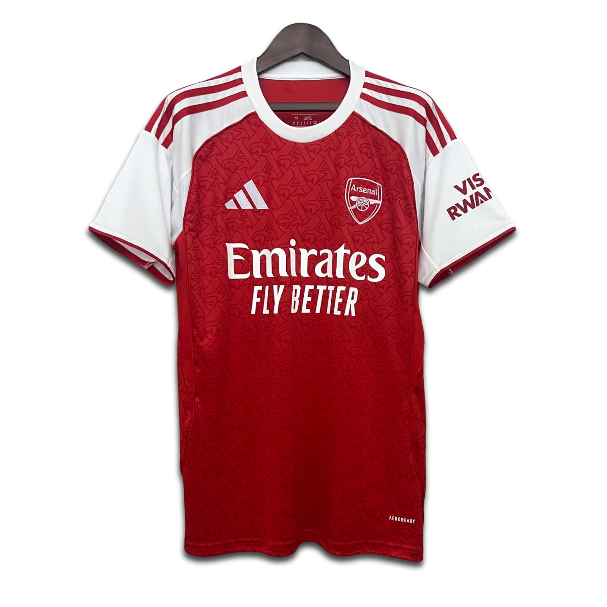 Red and white Arsenal football jersey with Adidas logo on a hanger
