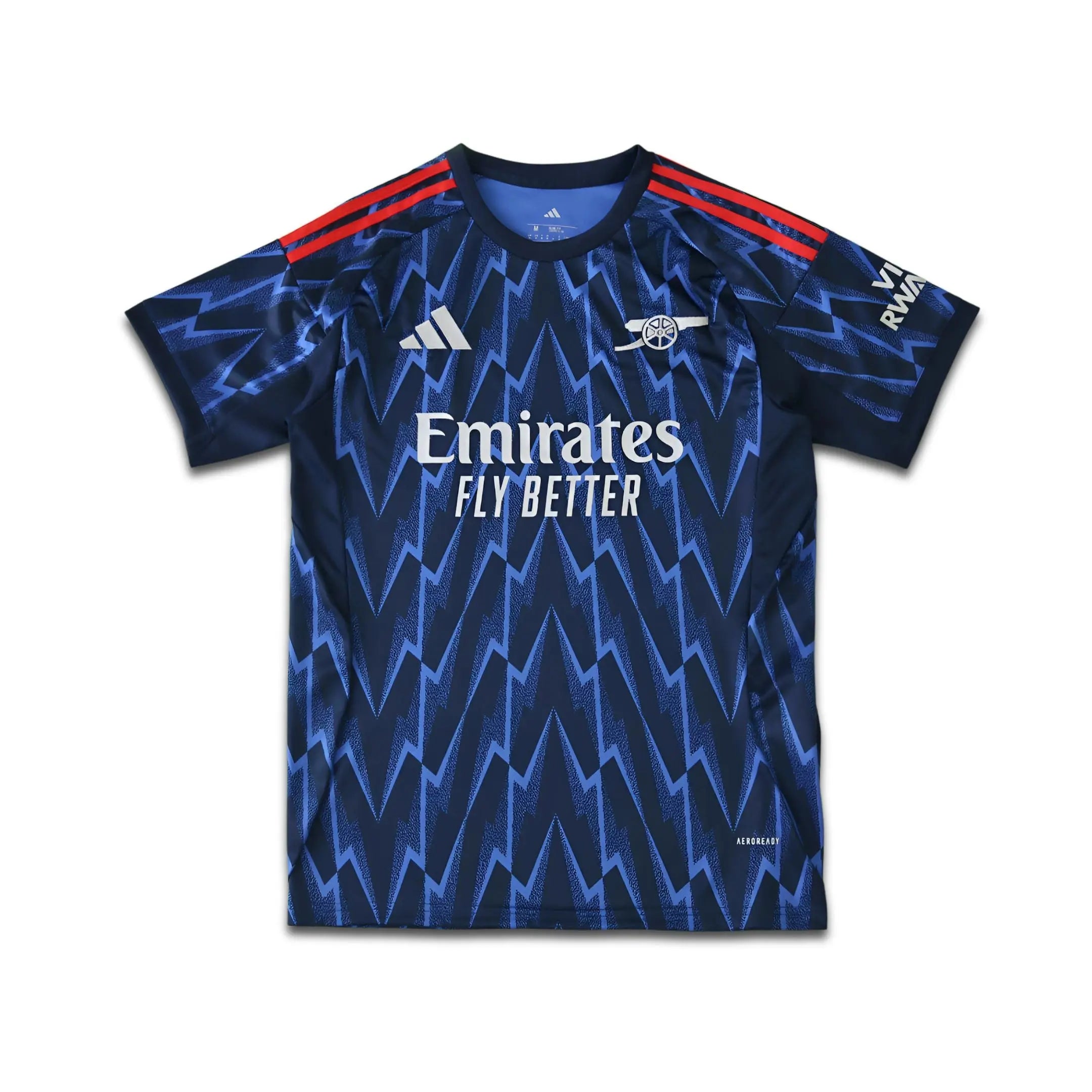 Blue sports jersey with Emirates and Adidas logos on a white background