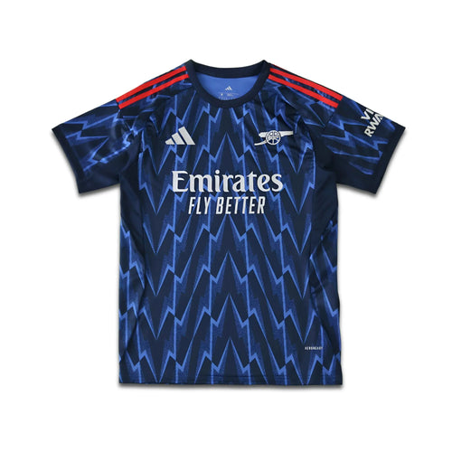 Blue sports jersey with Emirates and Adidas logos on a white background