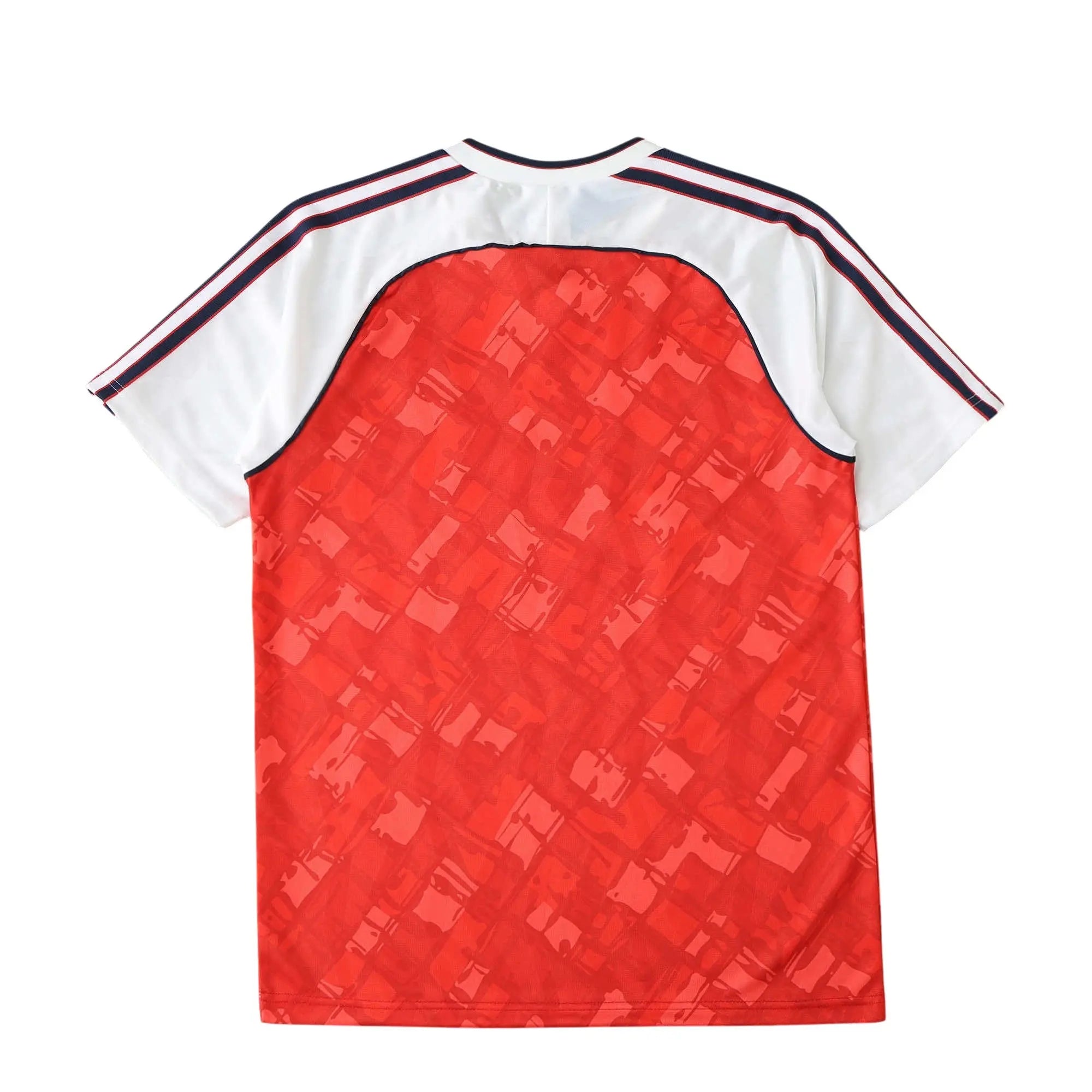 A short-sleeve sports jersey shown from the back, featuring a red body with a subtle geometric pattern, white sleeves, and dark navy stripes along the shoulders.