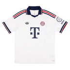 A white Adidas Bayern Munich soccer jersey with navy blue and red accents, featuring the large Bayern Munich crest and Adidas logo on the chest.