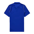 A royal blue short-sleeve athletic jersey shown from the back, featuring subtle vertical ribbing and thin light yellow piping along the shoulders, set against a plain white background.