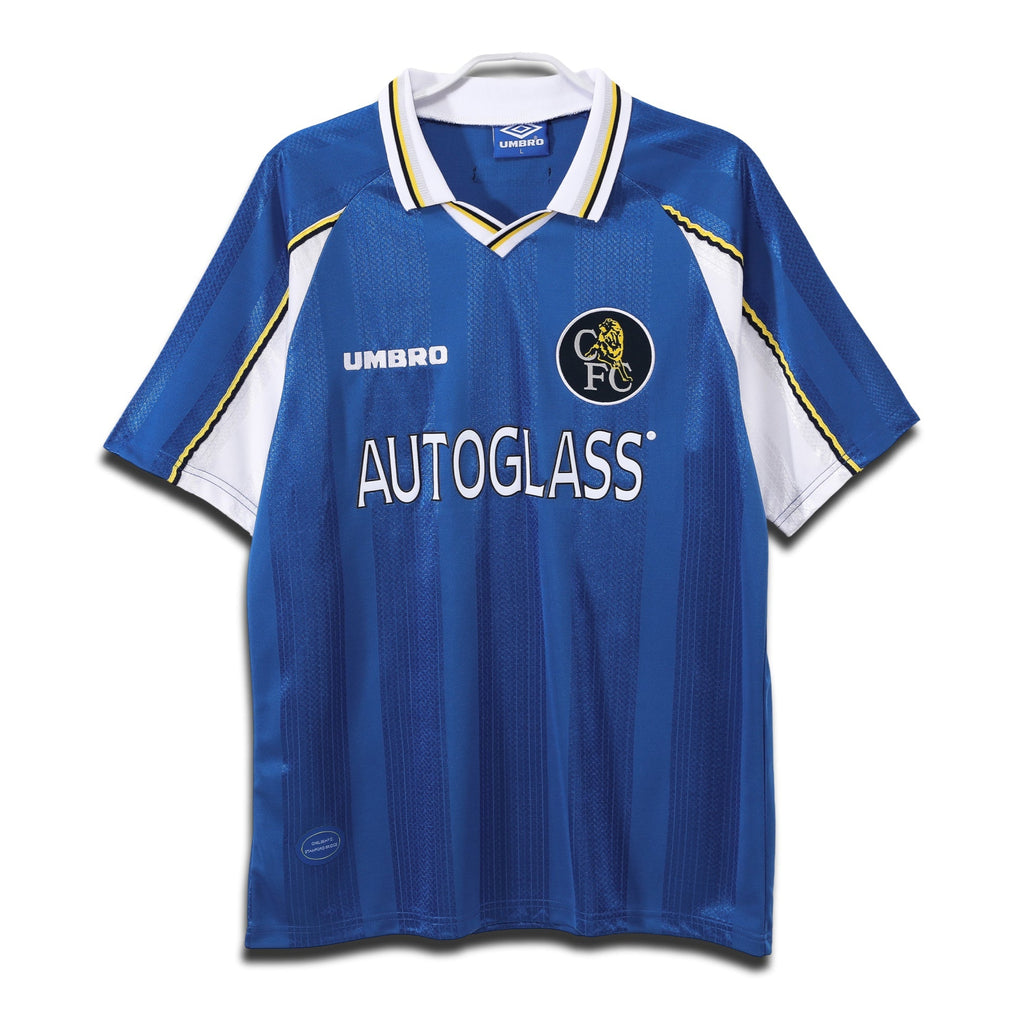A classic blue Chelsea FC home shirt with white and yellow accents, Umbro branding, and Autoglass sponsor logo.