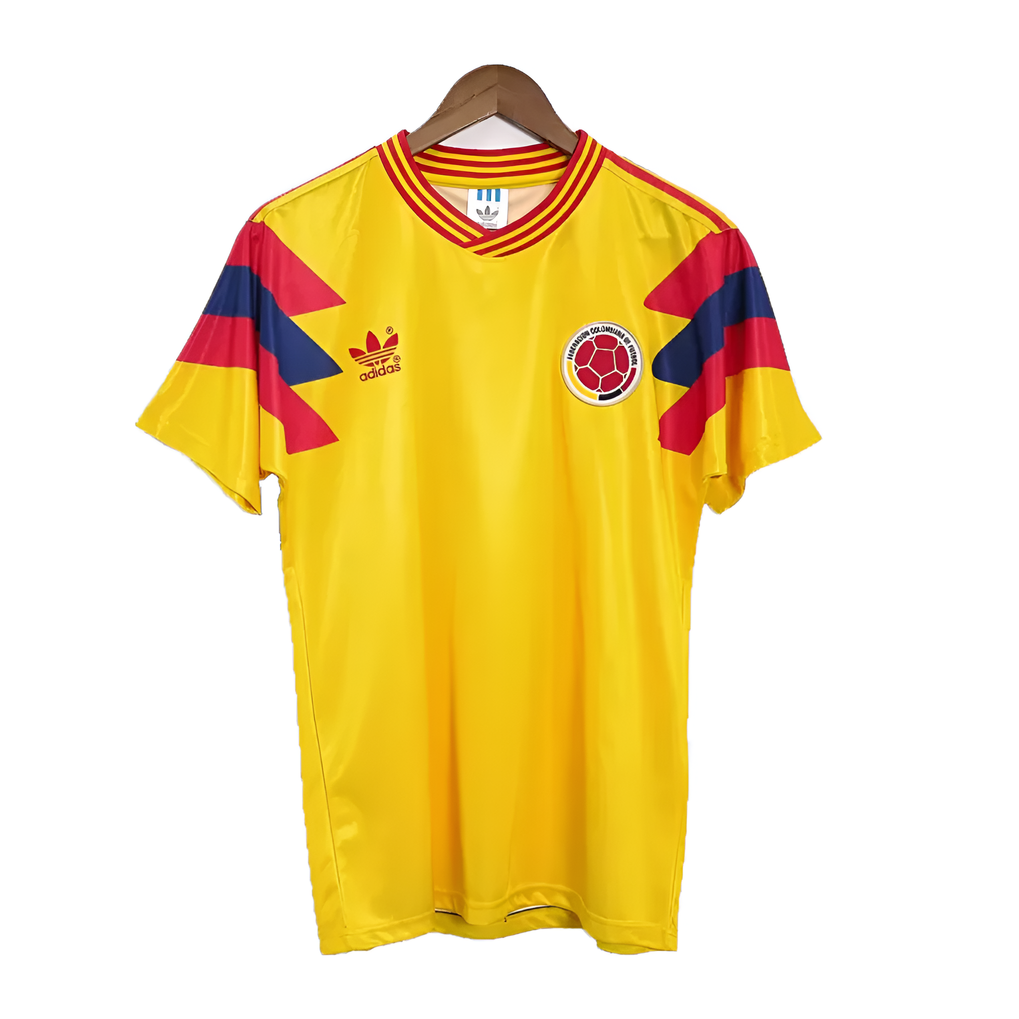 Yellow Colombia Adidas soccer jersey with red and blue stripes on a hanger