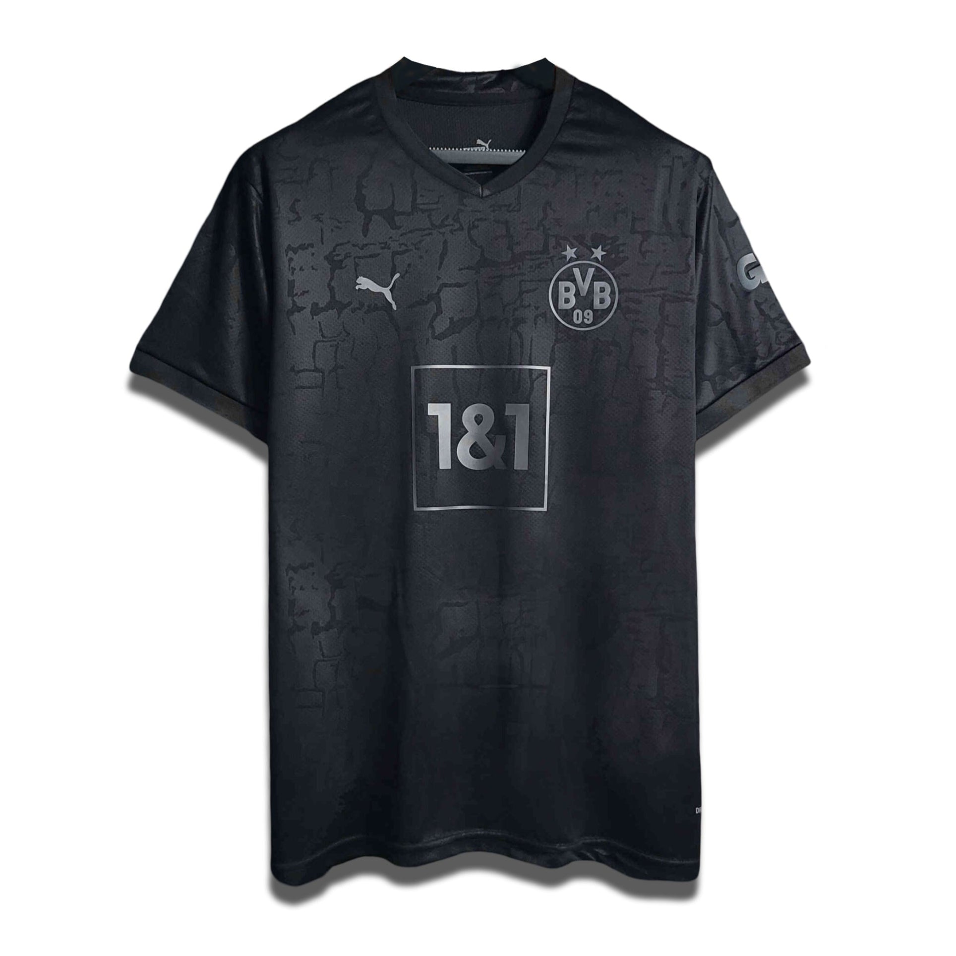 Limited edition black home shirt from Borussia Dortmund's 2023/24 Season with camouflage pattern and sponsor logo.