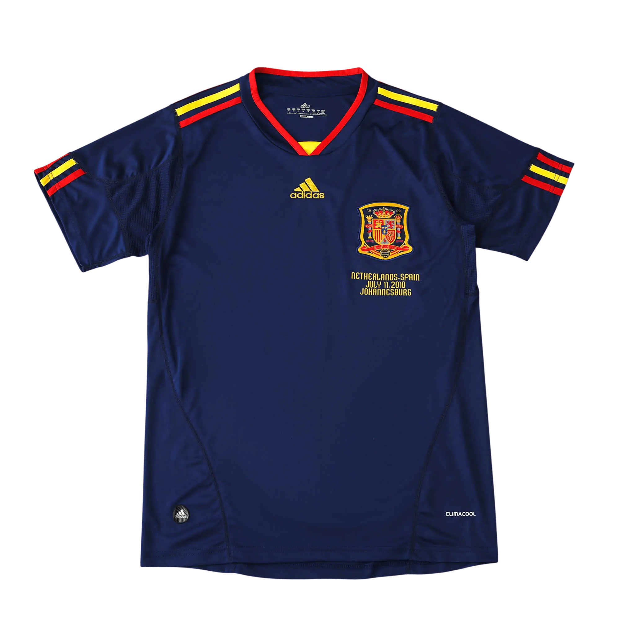 A navy blue Adidas Spain soccer jersey with red and yellow trim on the collar and sleeve cuffs, featuring the Spain national team crest and gold Adidas logo on the chest, displayed against a solid black background.