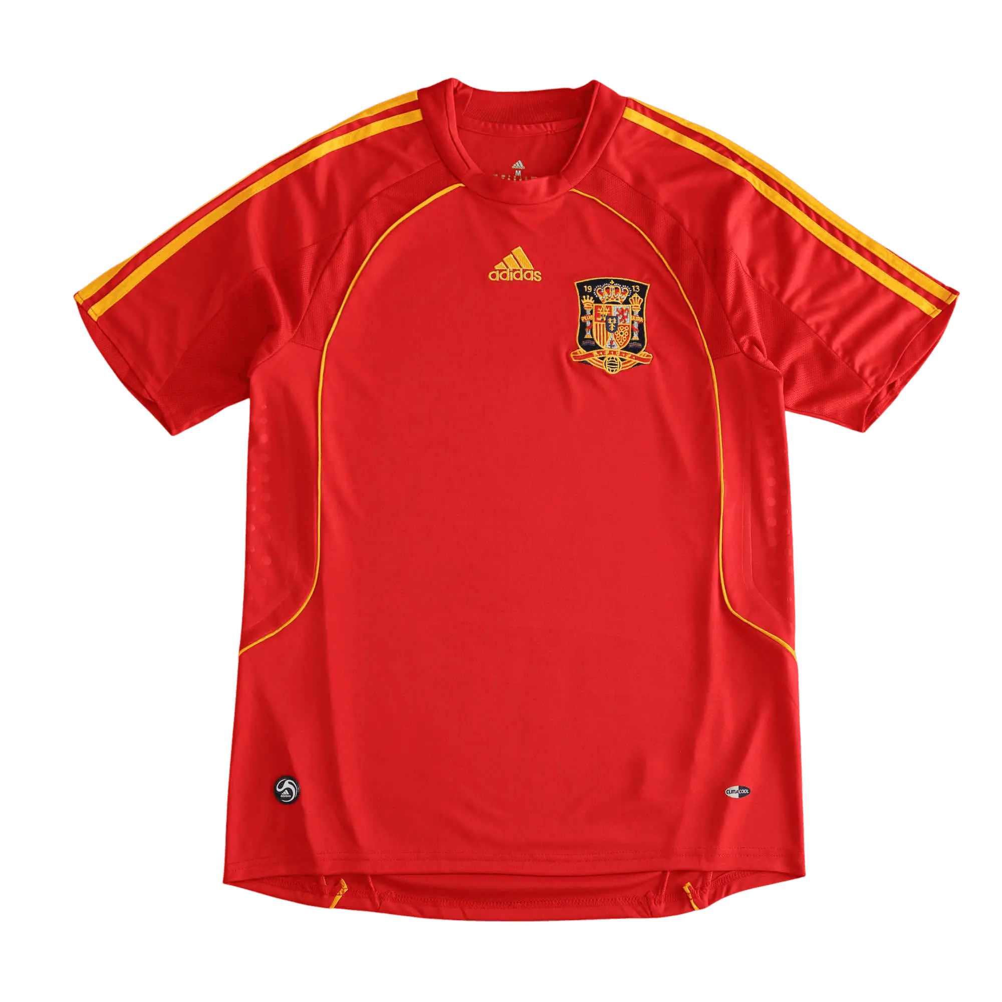 A red Spain national football team Adidas jersey with yellow stripes on the shoulders and sides, featuring the Spain crest on the chest, displayed against a solid black background.
