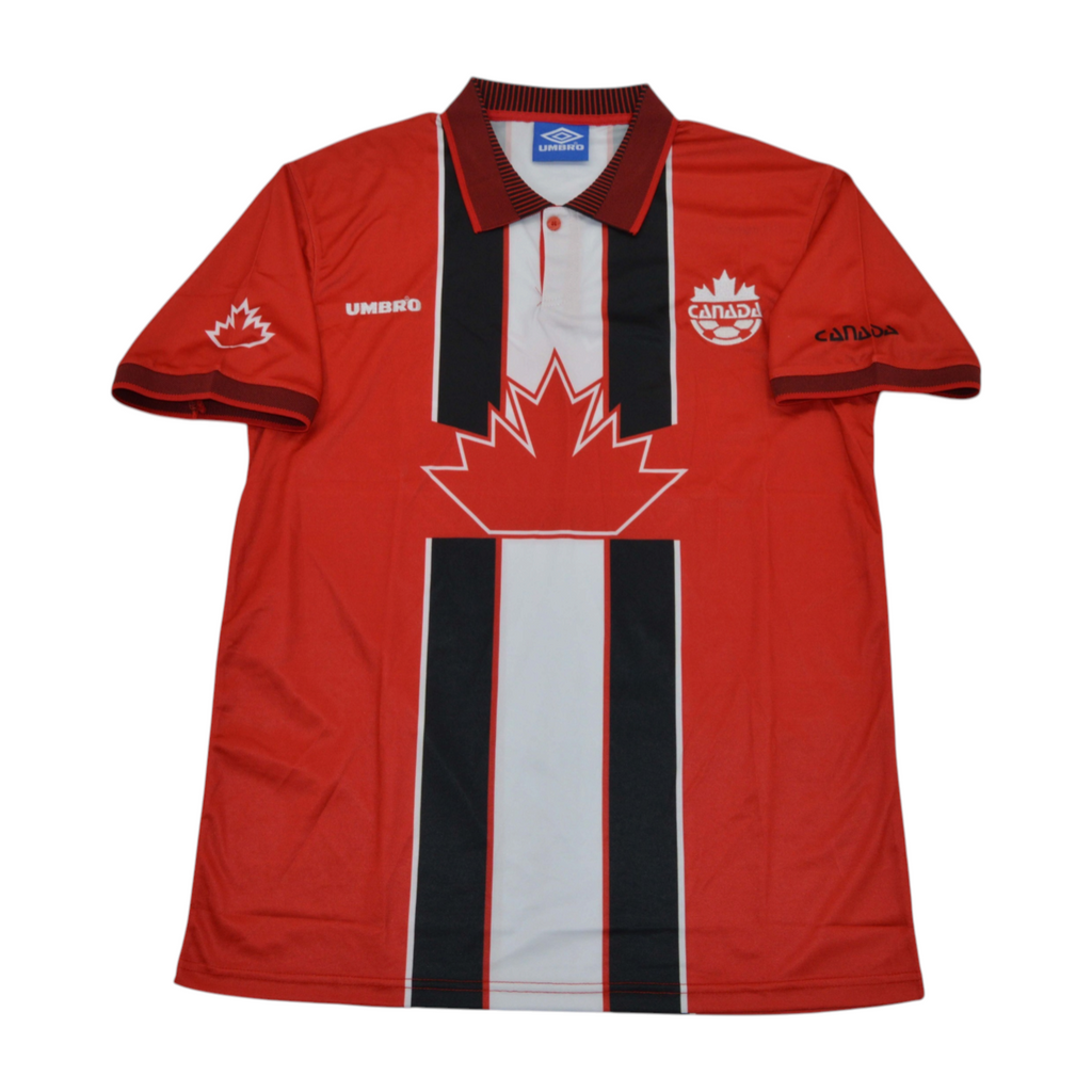 Elite Retro Kits 1998 Canada home football shirt in red with a white and black central maple leaf graphic and collar.