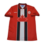 Elite Retro Kits 1998 Canada home football shirt in red with a white and black central maple leaf graphic and collar.