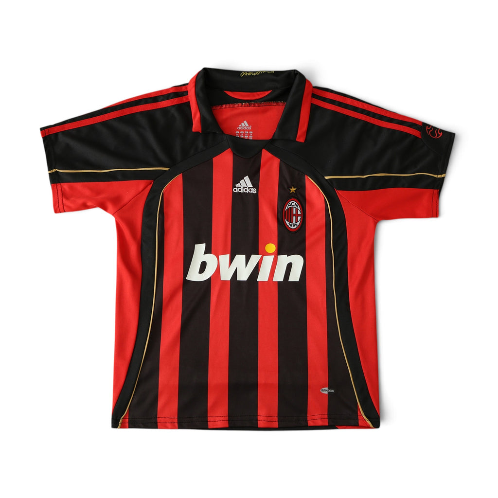 Elite Retro Kits AC Milan 2006/07 kids home jersey featuring iconic red and black stripes and white bwin sponsor logo.