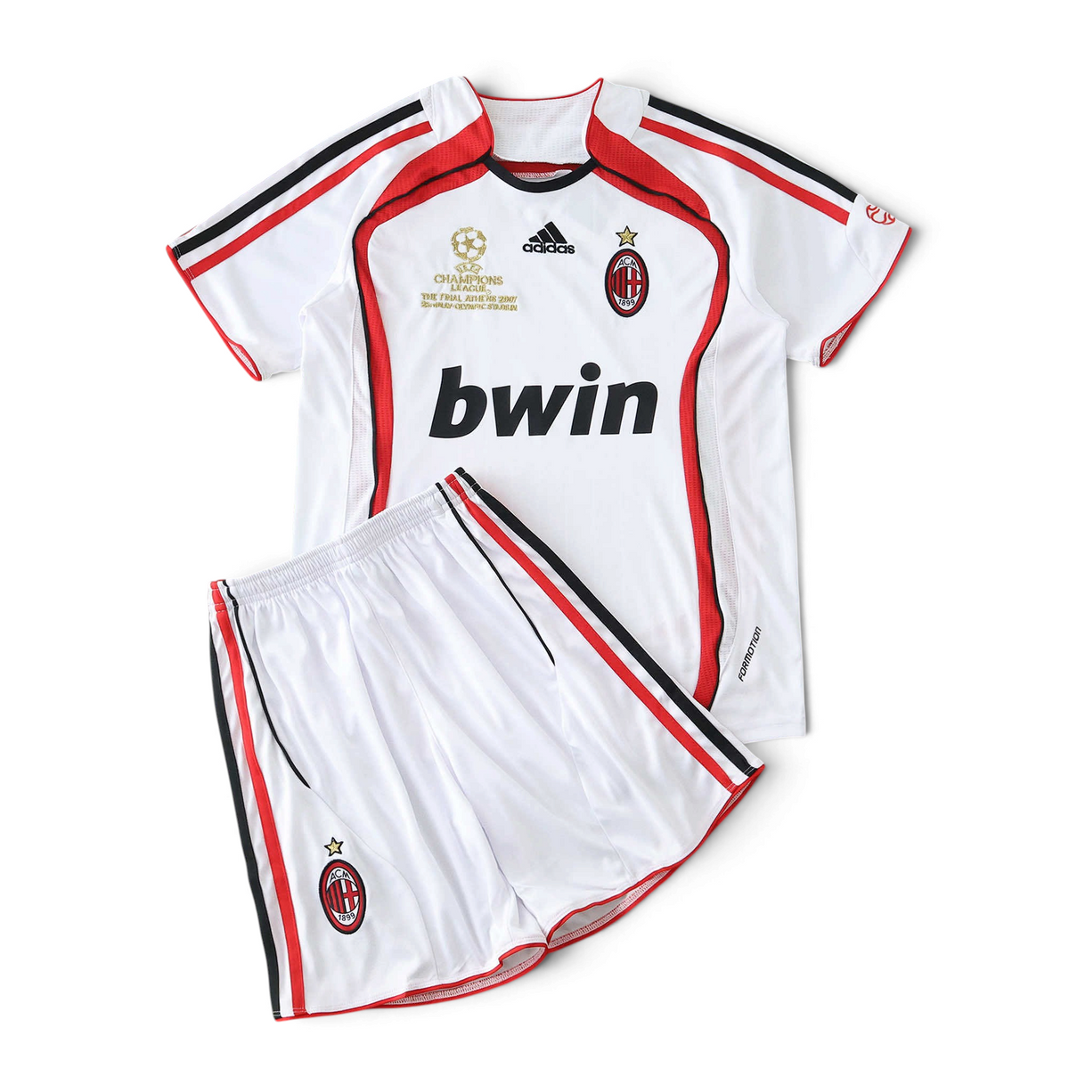 Elite Retro Kits AC Milan 2006/07 away kids kit in white with red and black accents and Champions League final detail.
