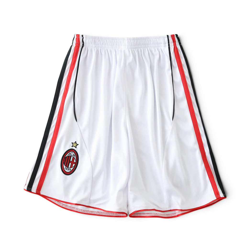 Elite Retro Kits AC Milan 2006/07 away kids football shorts in white with red and black side stripe detailing.