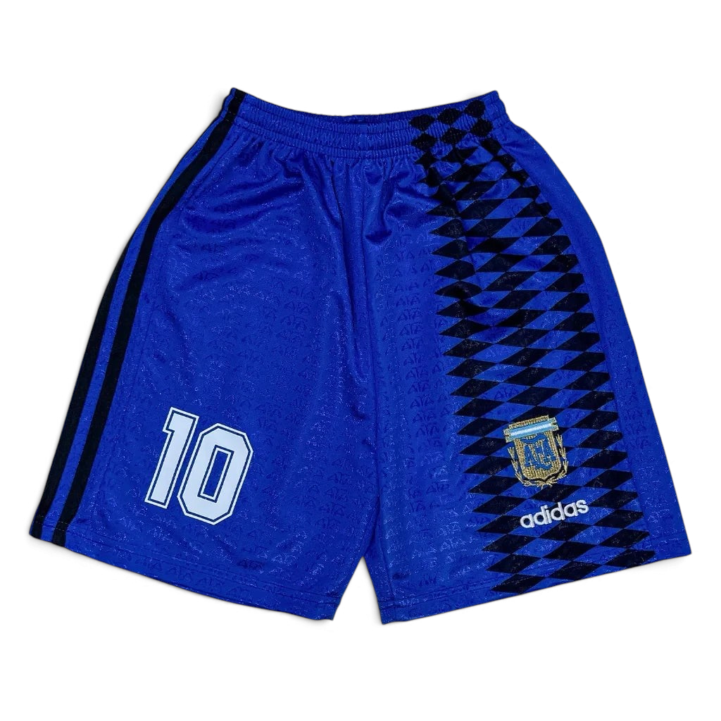 Elite Retro Kits kids Argentina 1994 away football shorts in blue with black diamond pattern and number 10 detail