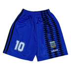 Elite Retro Kits kids Argentina 1994 away football shorts in blue with black diamond pattern and number 10 detail