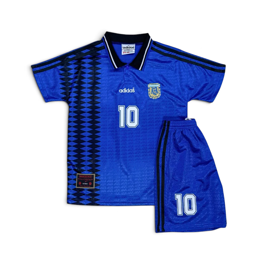 Elite Retro Kits Argentina 1994 away kids kit featuring a blue jersey with black diamond pattern and matching shorts.