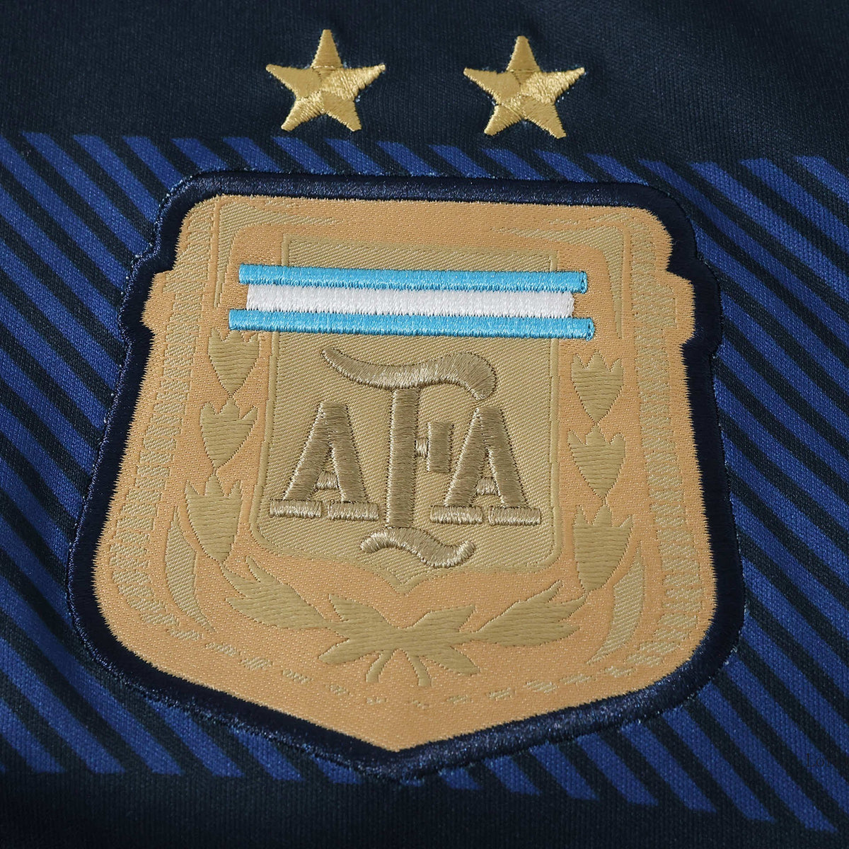 Elite Retro Kits Argentina 2014 away shirt featuring the AFA crest with two gold stars on a dark blue striped fabric
