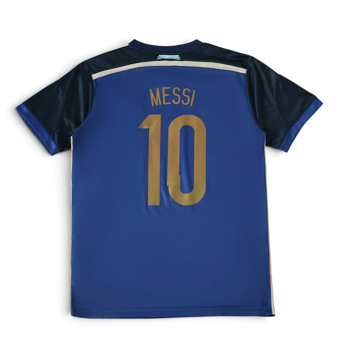 Elite Retro Kits Argentina 2014 away football shirt with Messi 10 print in dark blue with tonal bands and gold details