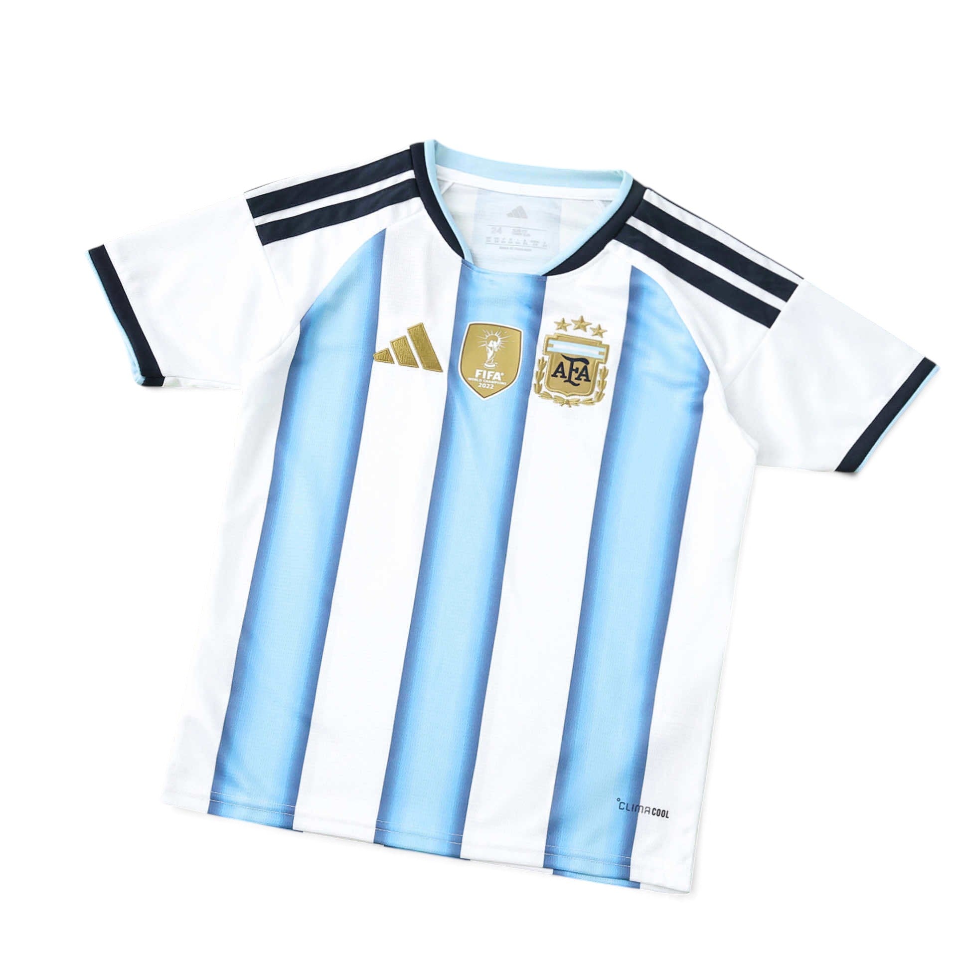Elite Retro Kits Argentina 2026 kids home jersey in iconic sky-blue and white stripes with gold World Cup detailing