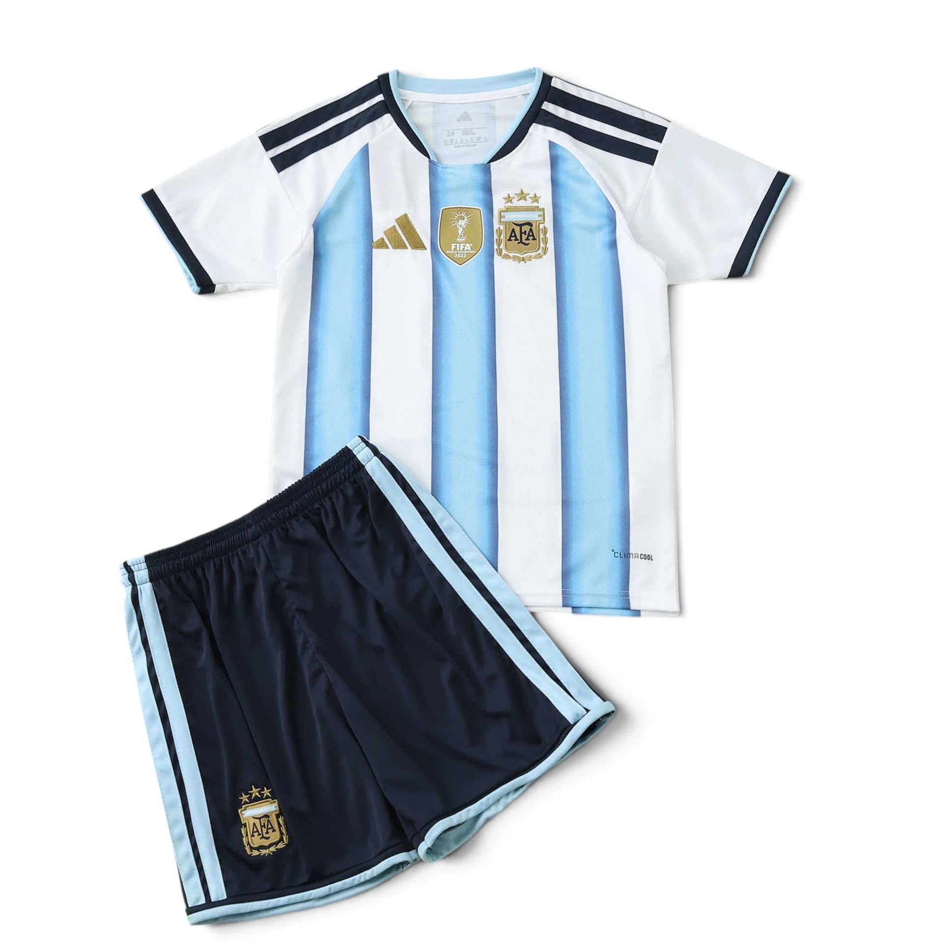 Elite Retro Kits Argentina 2026 kids home kit featuring sky-blue and white striped jersey and navy blue shorts.