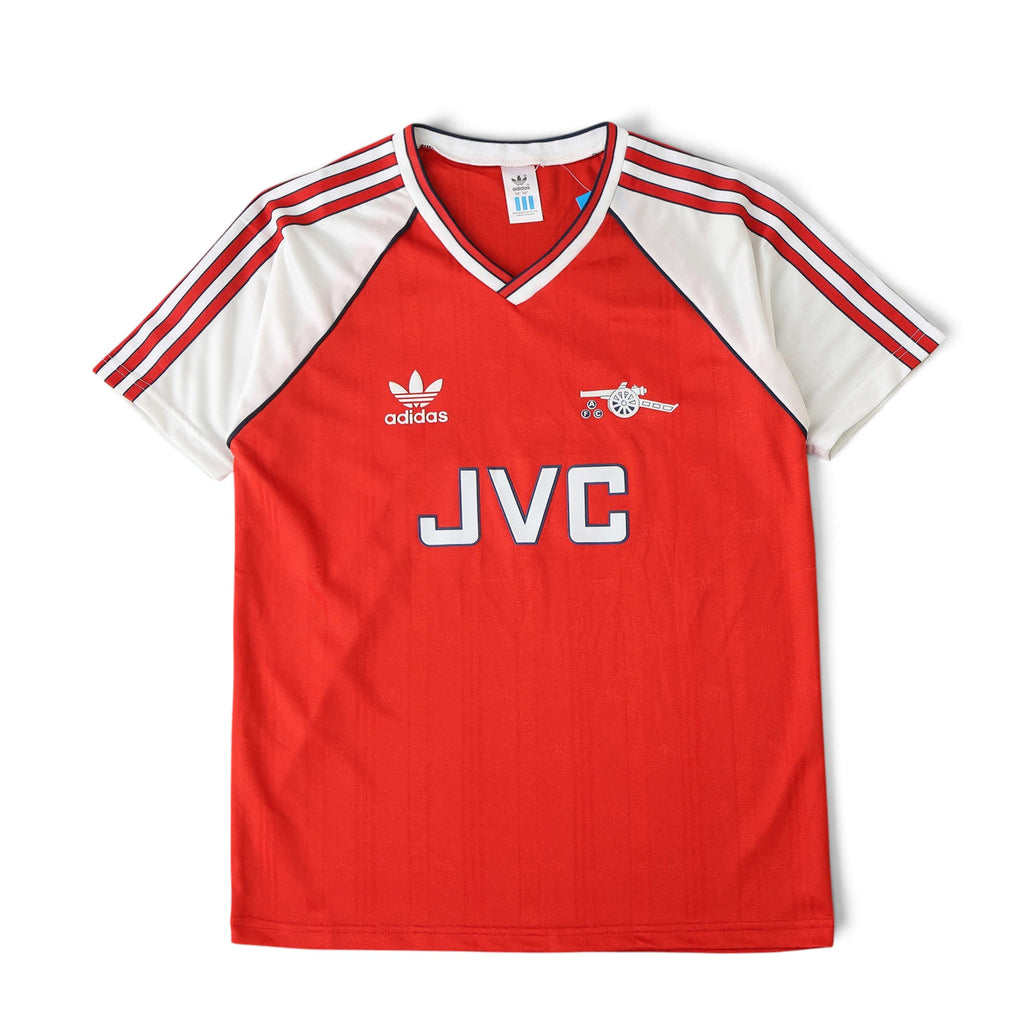 Elite Retro Kits Arsenal 1988/90 home football shirt in red with white sleeves, JVC sponsor, and Adidas logo.