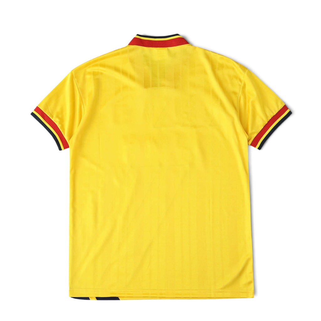 Elite Retro Kits Arsenal 1993/94 away football shirt in yellow with red and black collar and sleeve trim, back view.