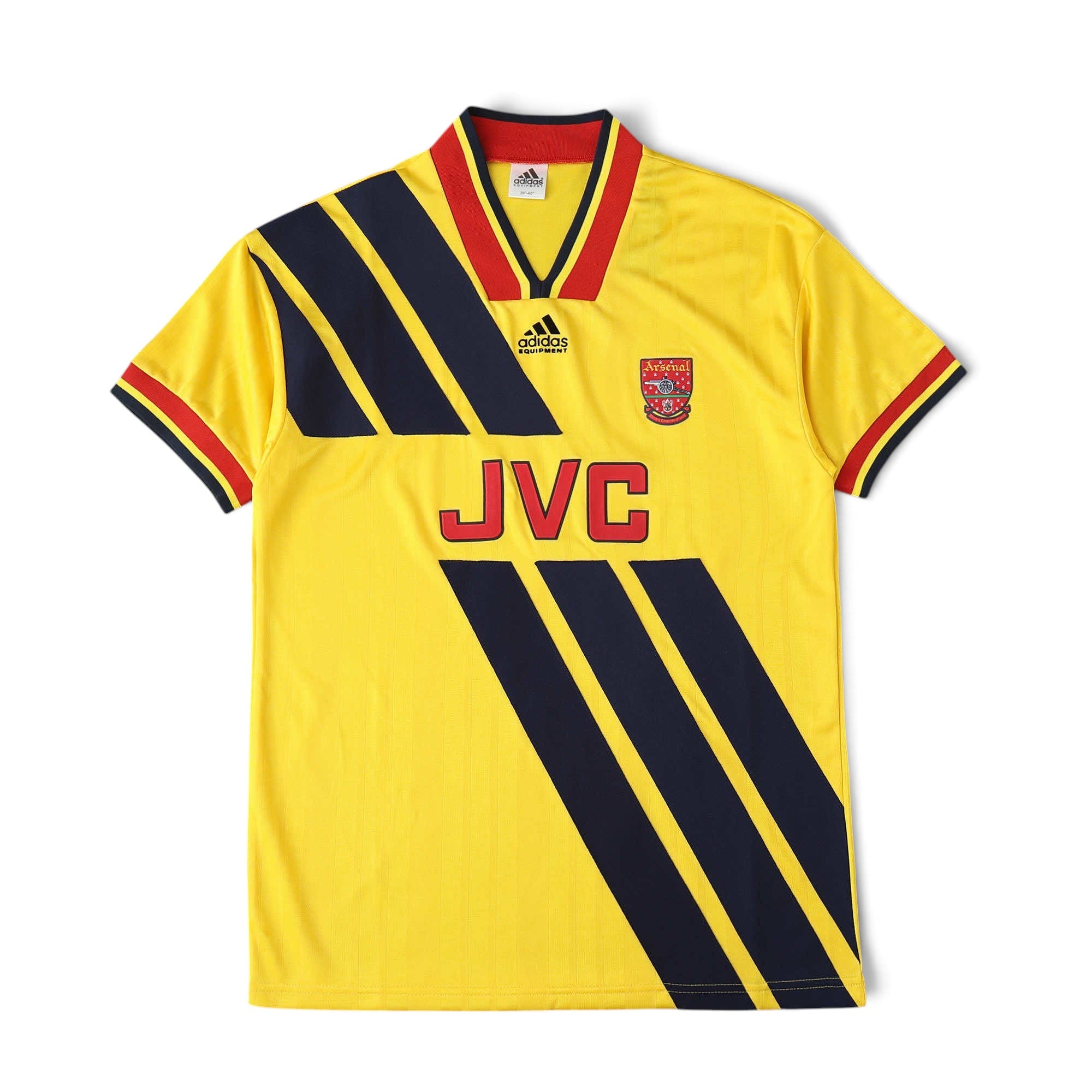 Elite Retro Kits Arsenal 1993/94 away football shirt in yellow with navy diagonal stripes, JVC sponsor, and adidas logo