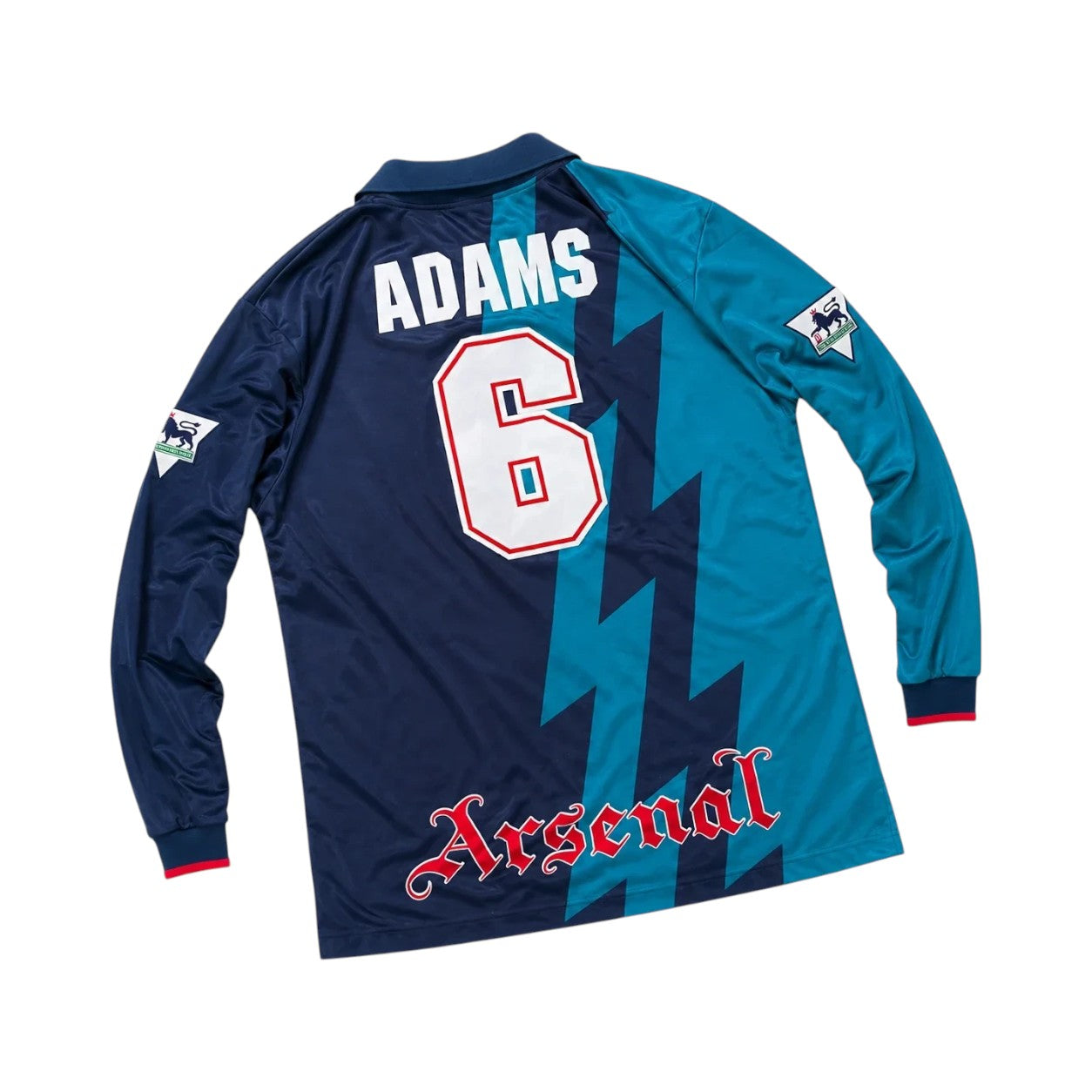 Elite Retro Kits Arsenal 1995 away long sleeve shirt featuring Adams 6 on the back with blue and teal lightning design