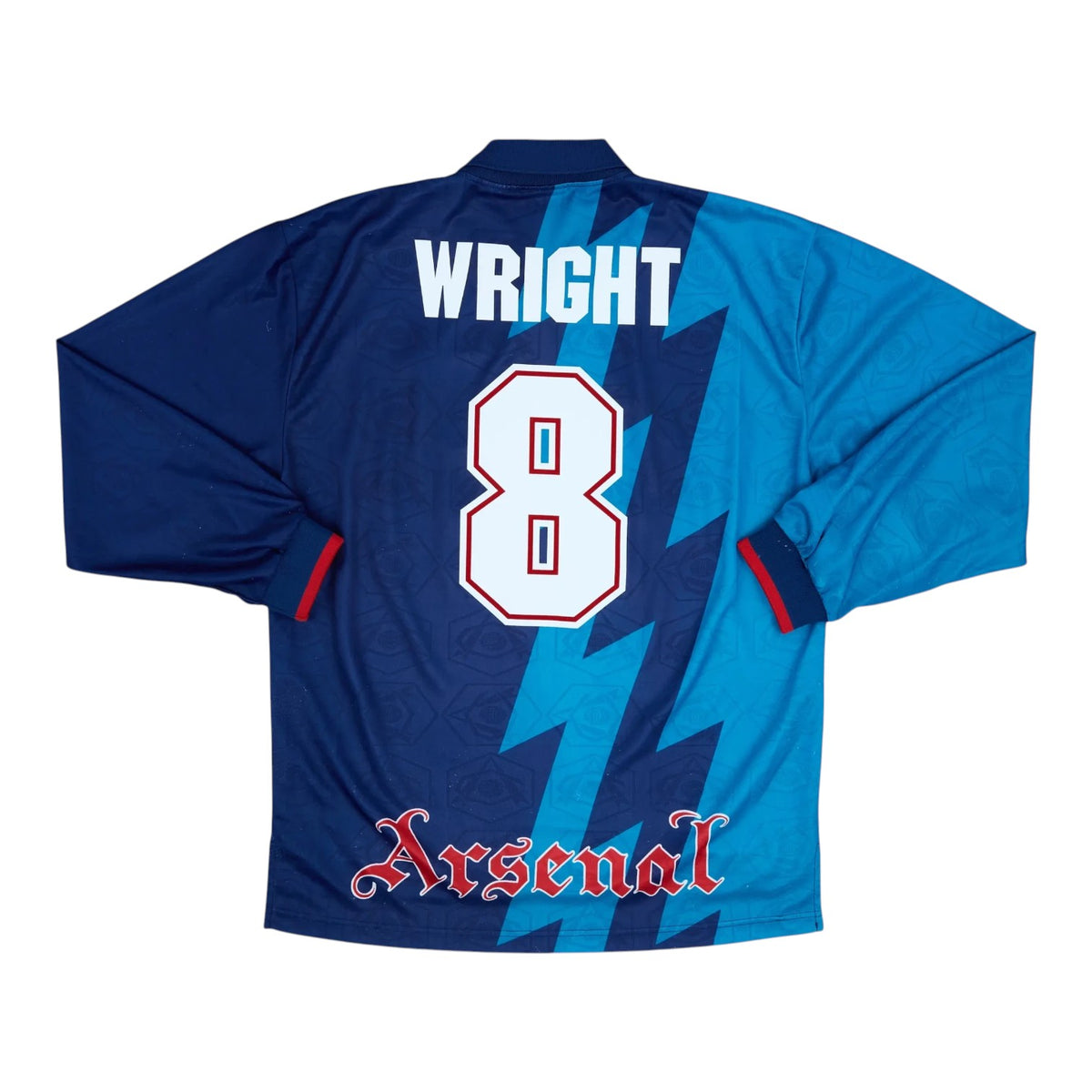 Elite Retro Kits Arsenal 1995 away long sleeve shirt featuring Wright 8 on the back in blue with lightning pattern