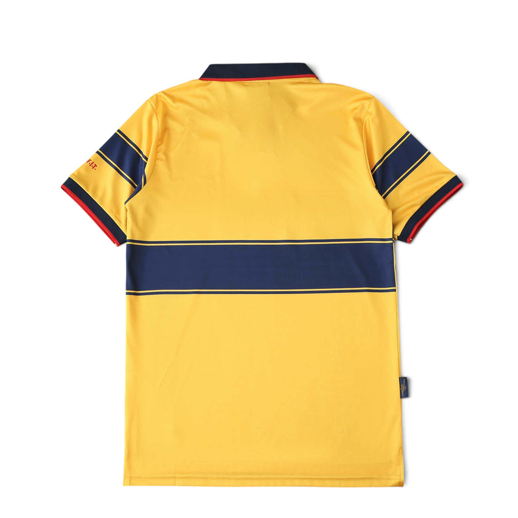 Back view of Elite Retro Kits Arsenal 1997/98 away shirt in yellow with navy blue chest stripe and red collar trim.