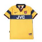 Elite Retro Kits Arsenal 1997/98 away football shirt in yellow and navy blue with JVC sponsor and Nike branding.