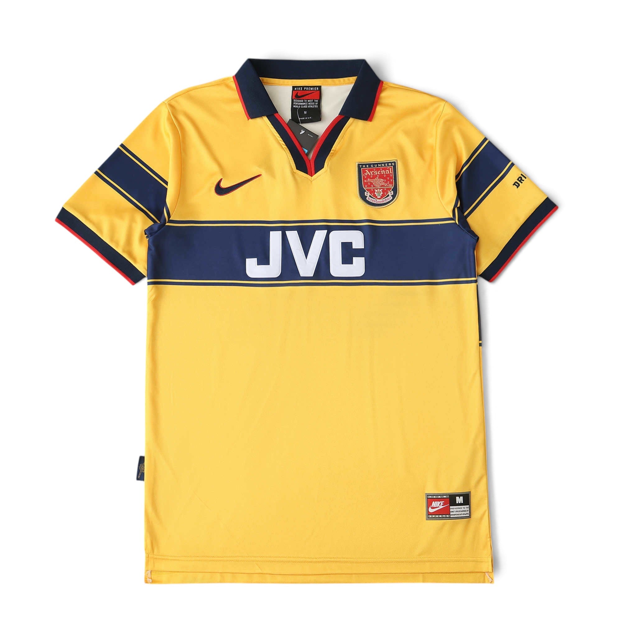 Elite Retro Kits Arsenal 1997/98 away football shirt in yellow and navy blue with JVC sponsor and Nike branding.