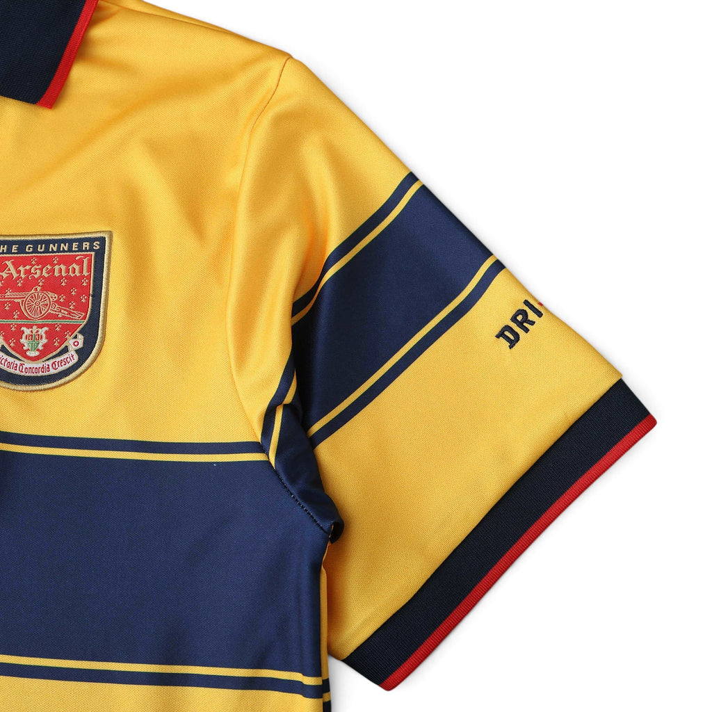 Elite Retro Kits Arsenal 1997/98 away jersey in yellow and navy blue with classic collar and JVC sponsor detail