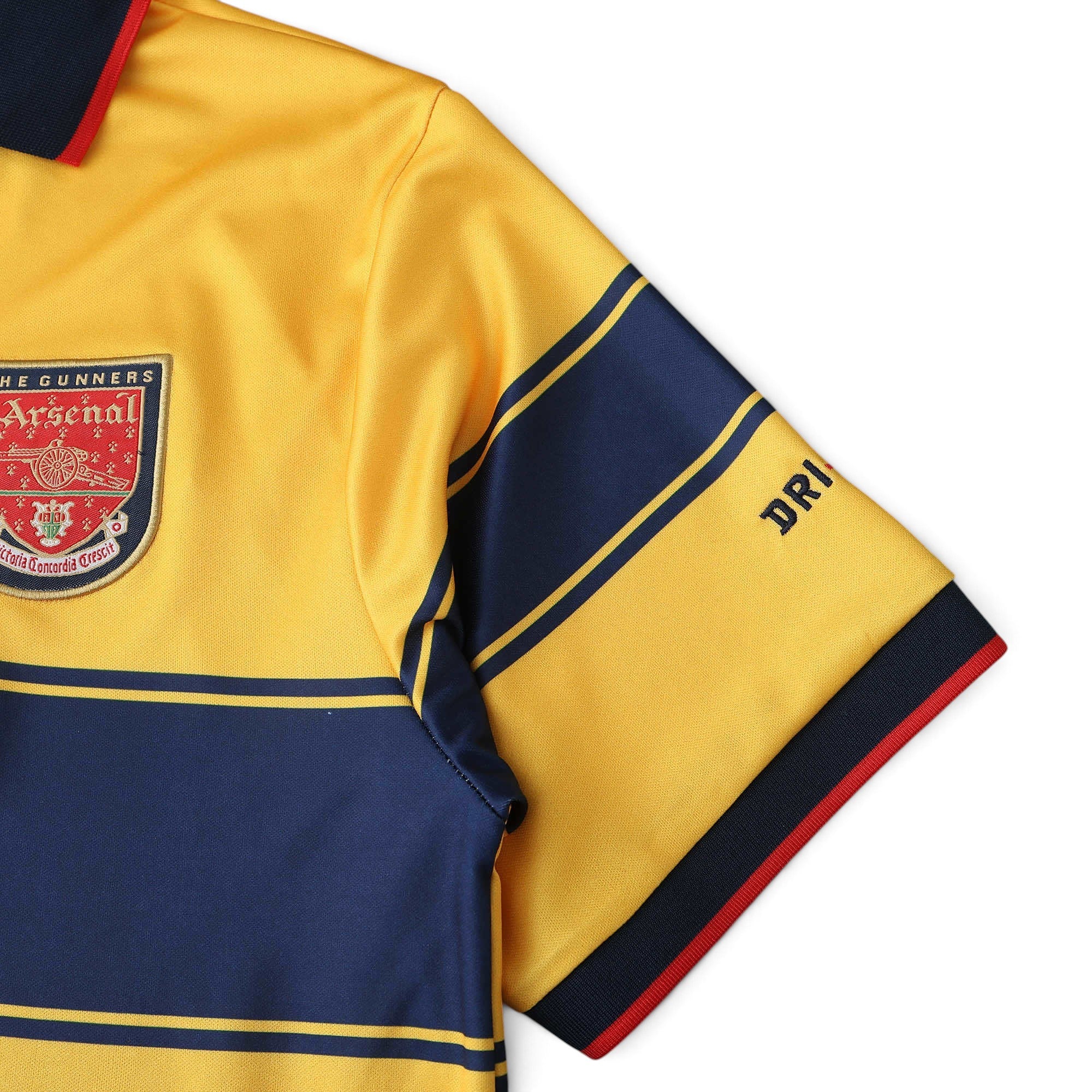 Elite Retro Kits Arsenal 1997/98 away jersey in yellow and navy blue with classic collar and JVC sponsor detail