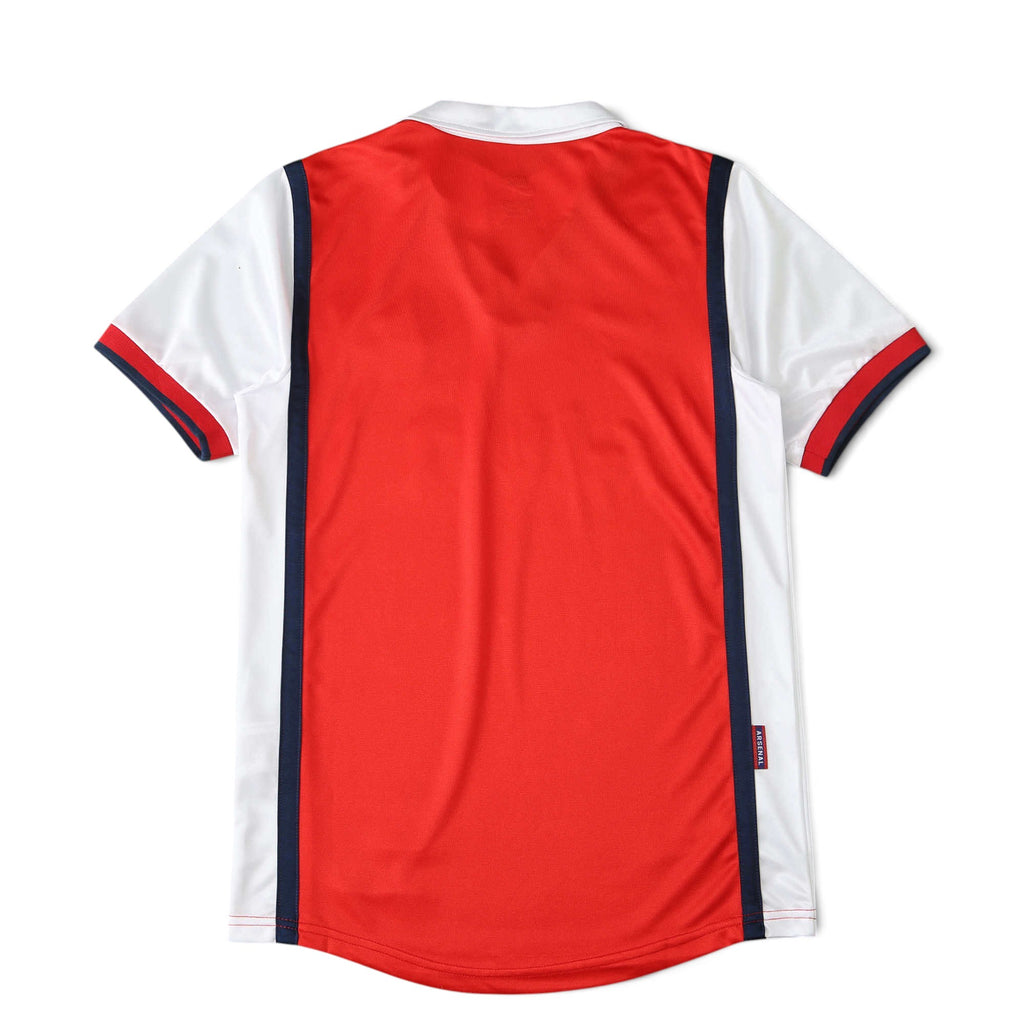 Elite Retro Kits Arsenal 1998/99 home football shirt, back view featuring red body, white sleeves, and navy trim.