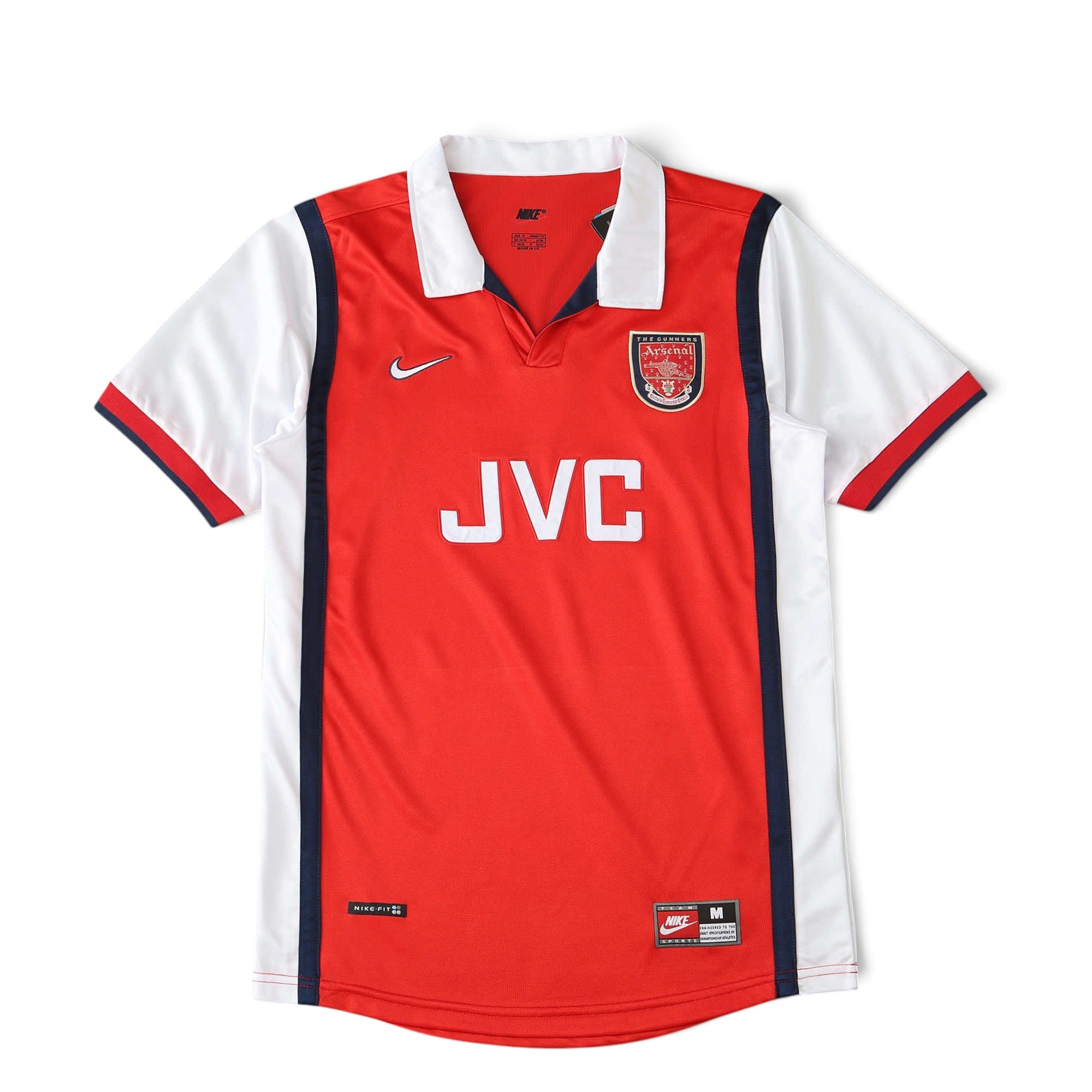 Elite Retro Kits Arsenal 1998/99 red home football shirt with white sleeves, JVC sponsor, and Nike logo.
