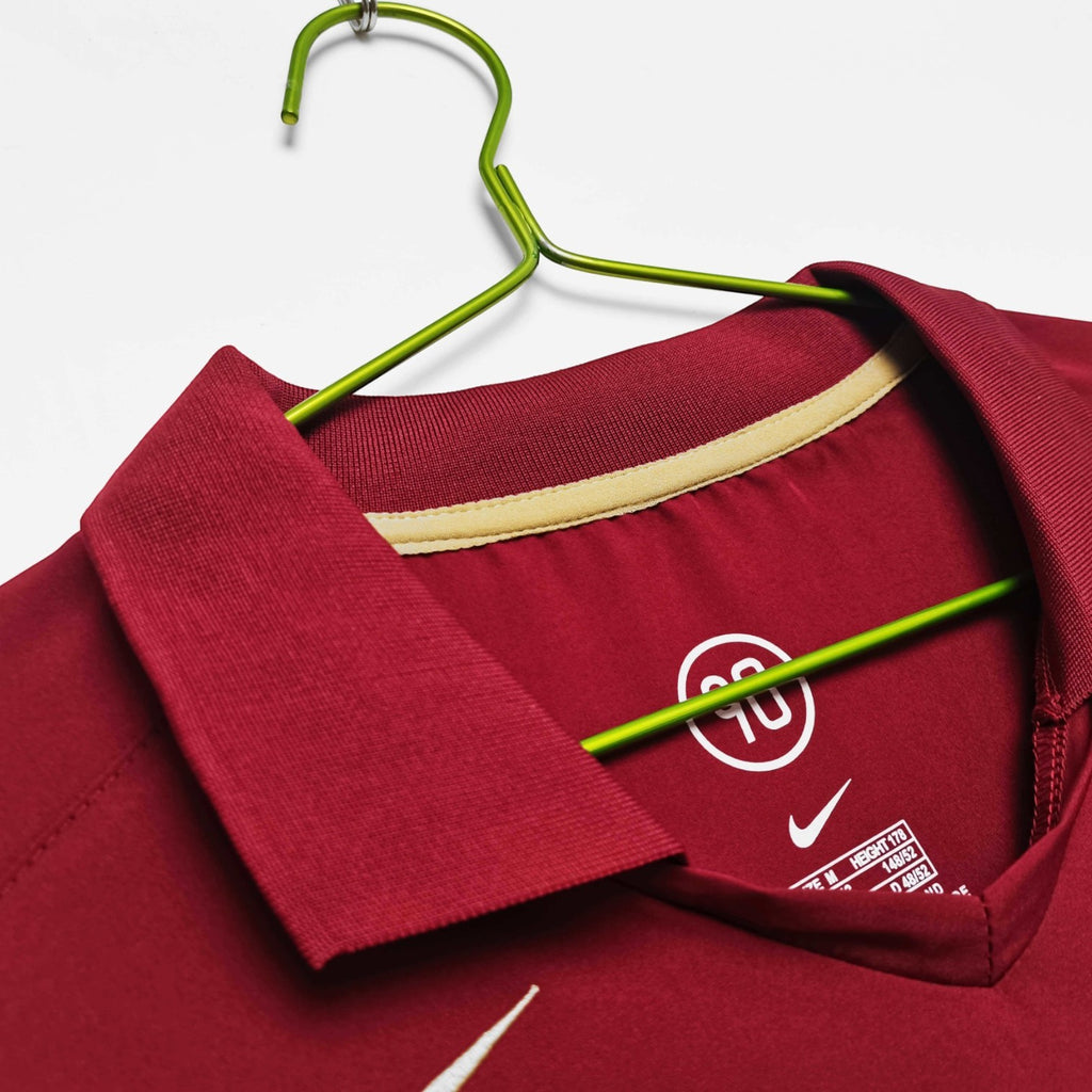 Elite Retro Kits Arsenal 2005-06 long sleeve home shirt in redcurrant with a classic collar on a green hanger